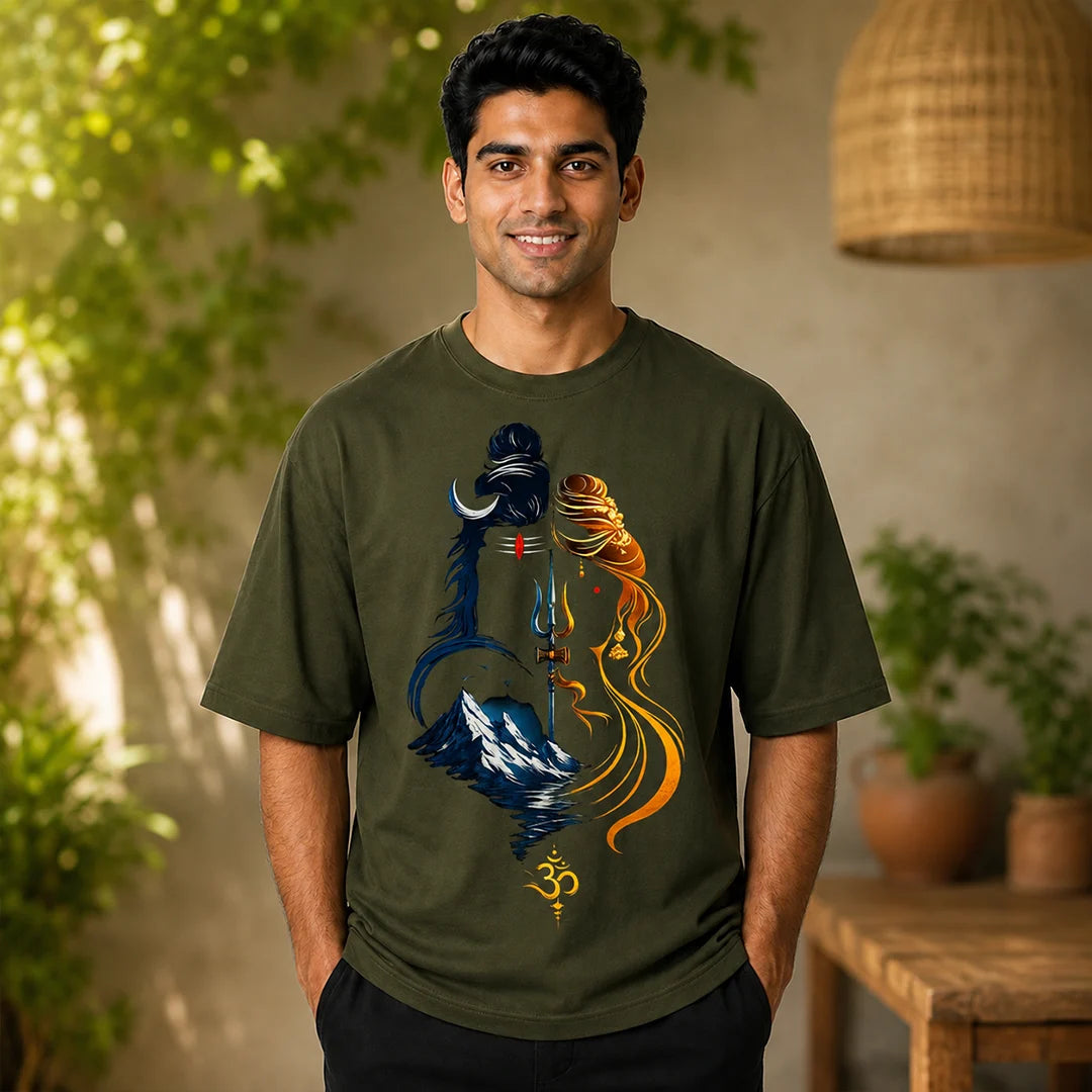 Men's Divine Ardhanareshvara Oversized Graphic T-Shirt - 240 GSM Pure Cotton, Bio-Washed