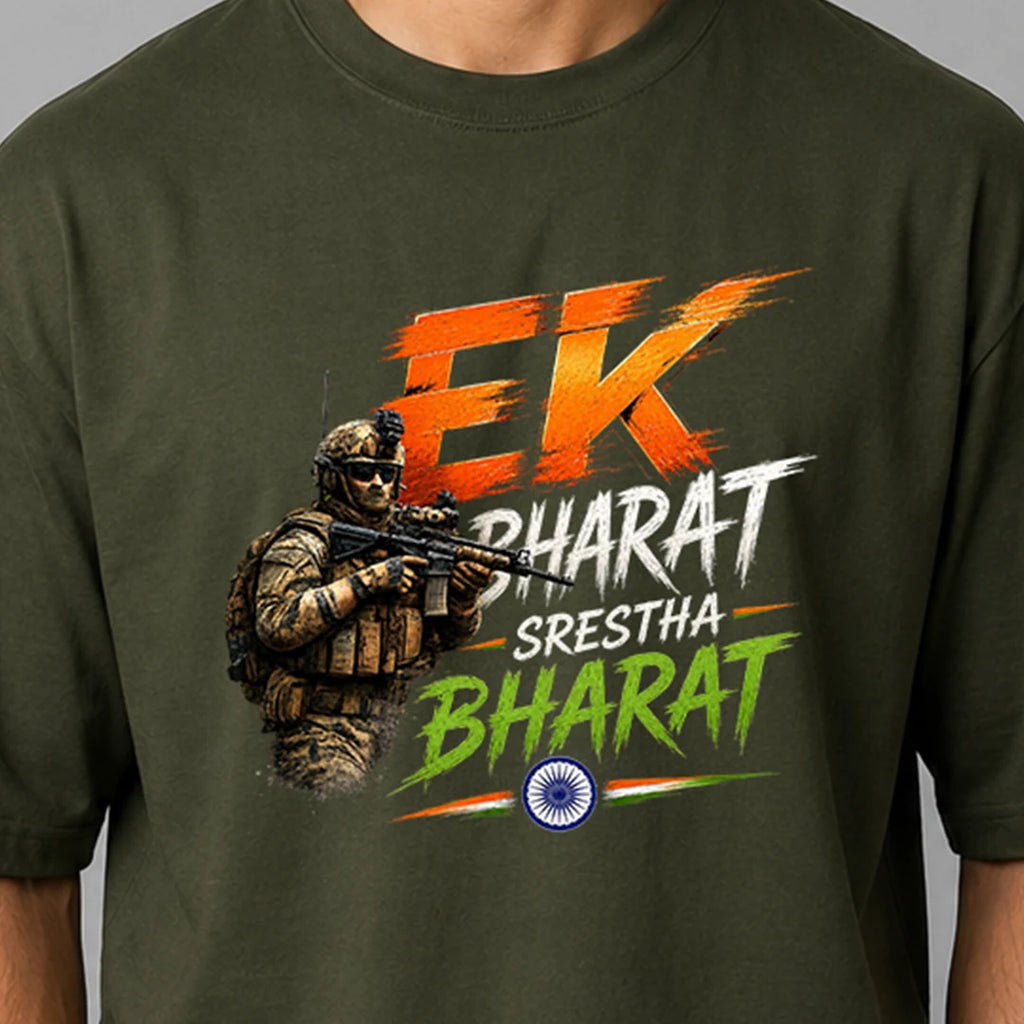 Men's "Ek Bharat Srestha Bharat" Oversized Graphic T-Shirt - 240 GSM Pure Cotton, Bio-Washed