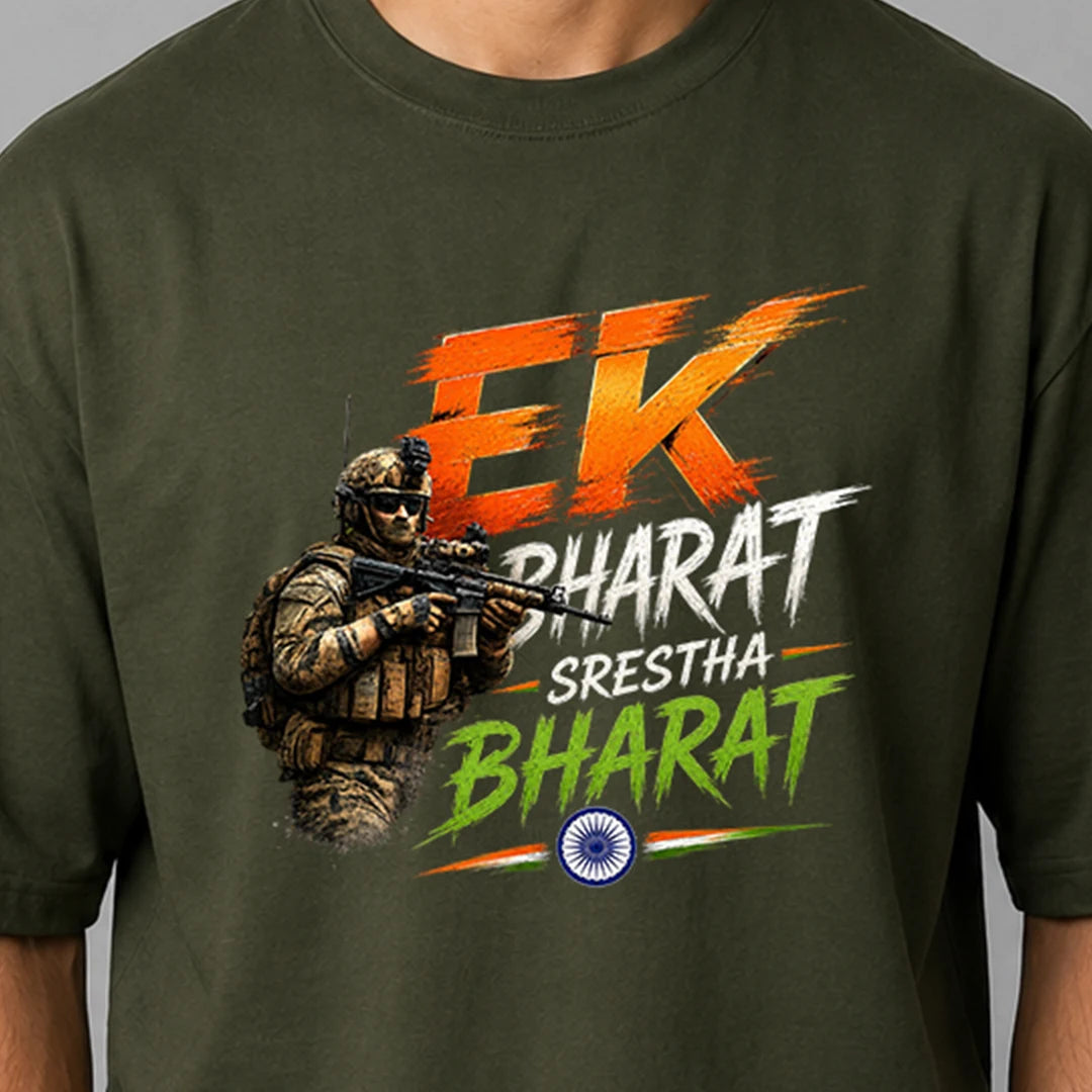 Men's "Ek Bharat Srestha Bharat" Oversized Graphic T-Shirt - 240 GSM Pure Cotton, Bio-Washed