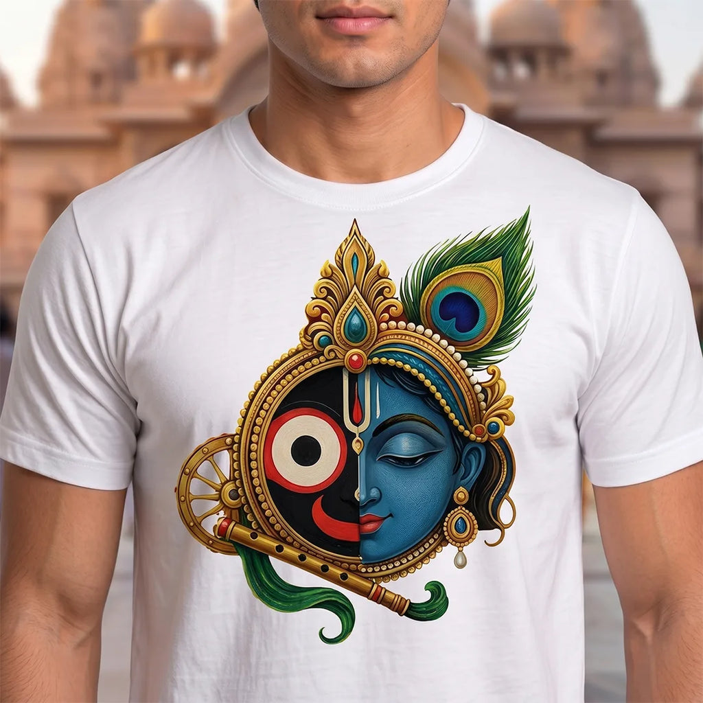 Men's Pure Cotton Lord Jagannath & Sri Krishna Fusion Graphic Printed T-Shirt
