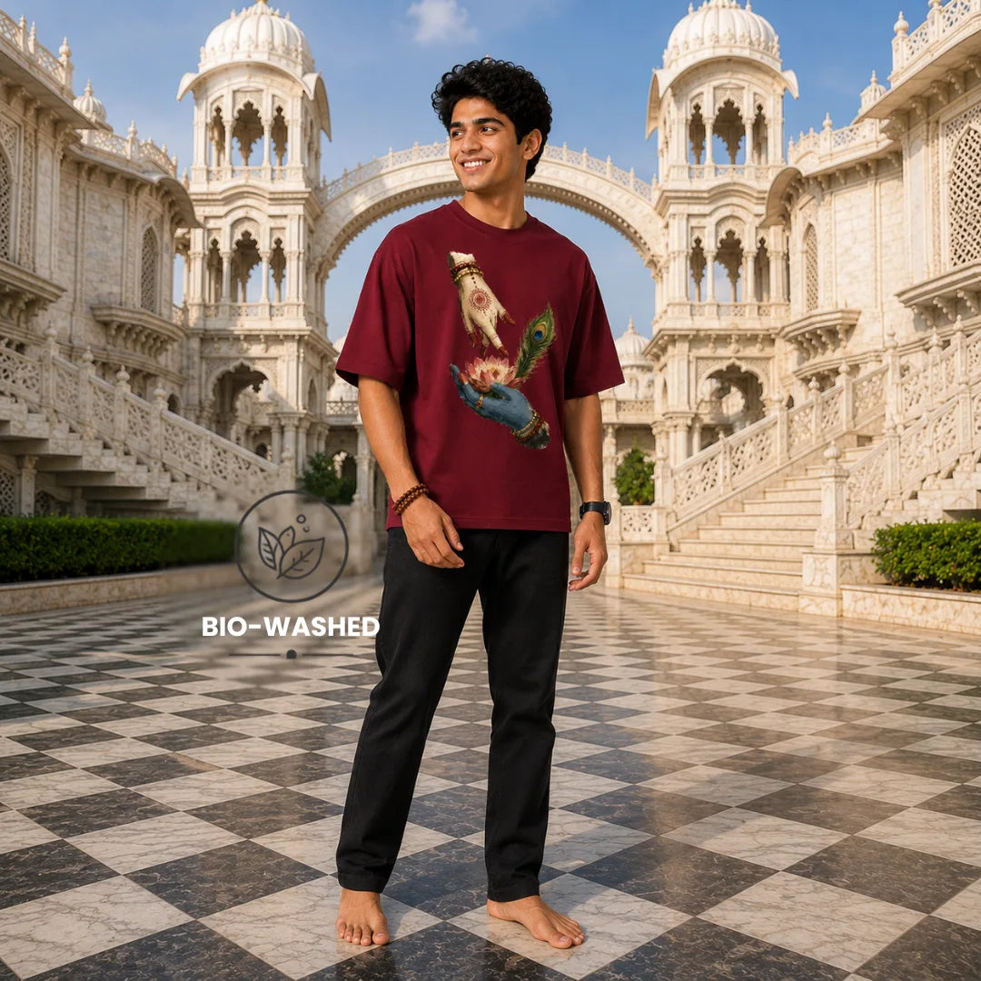 Excello Men's Divine Radha Krishna Lotus Graphic Oversized T-Shirt - 240 GSM Pure Cotton, Bio-Washed