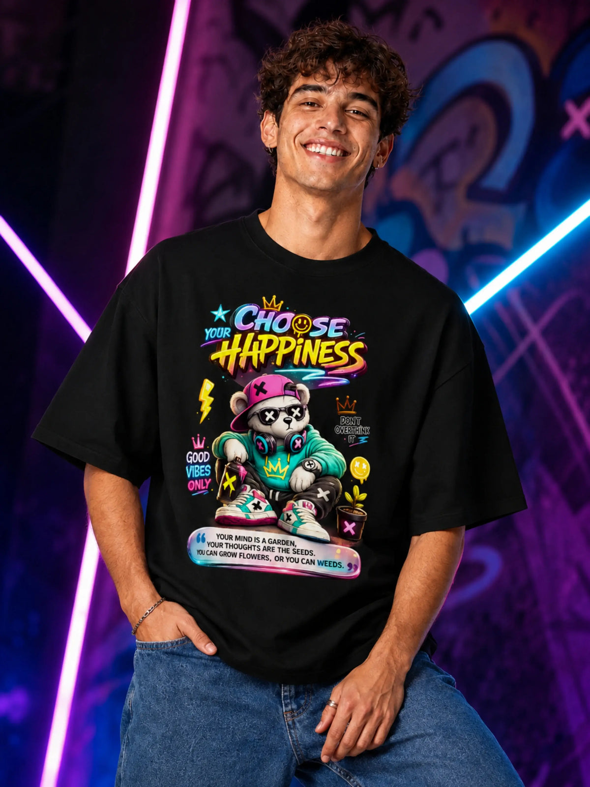 Excello Men's Oversized Graphic T-Shirt - "Choose Your Happiness" Print, 240 GSM Pure Cotton, Biowashed