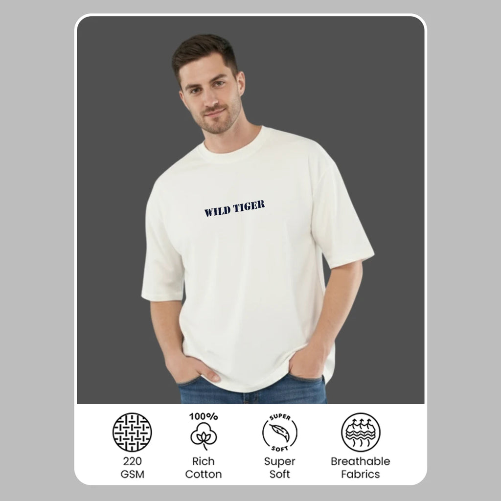 Wild Tiger Premium Oversized T-Shirt – 100% Rich Cotton, 220 GSM Heavyweight Streetwear Tee in Off-White