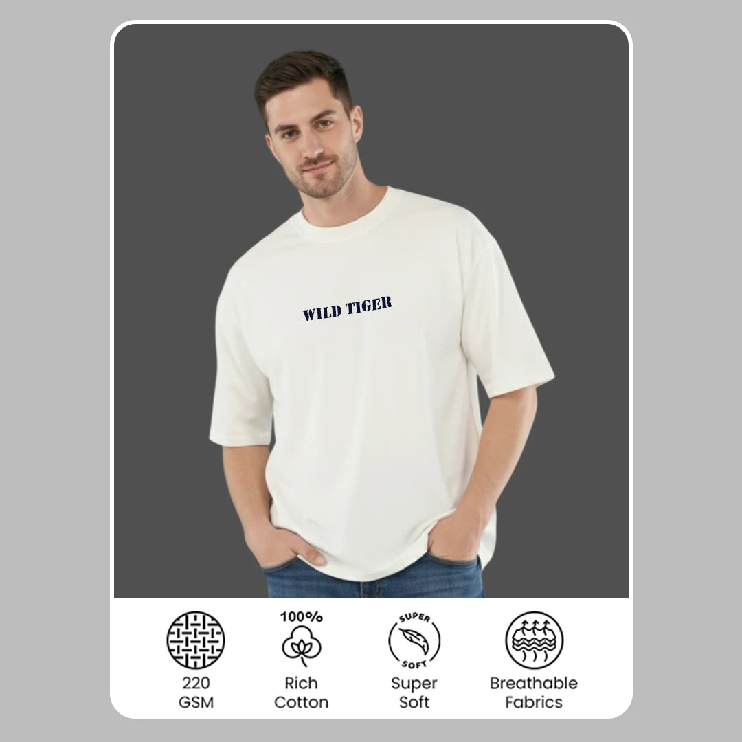 Wild Tiger Premium Oversized T-Shirt – 100% Rich Cotton, 220 GSM Heavyweight Streetwear Tee in Off-White