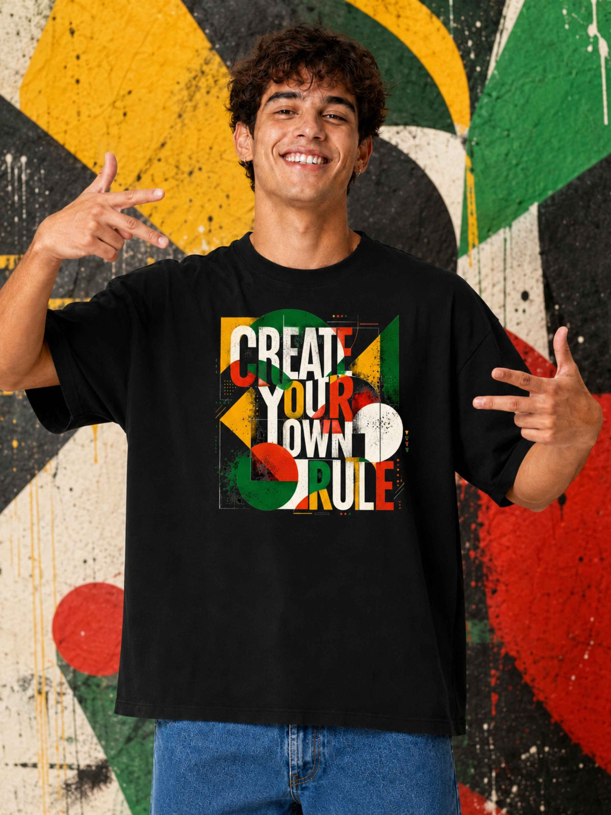 Excello Men's 'Create Your Own Rule' Abstract Graphic Oversized T-Shirt | Black