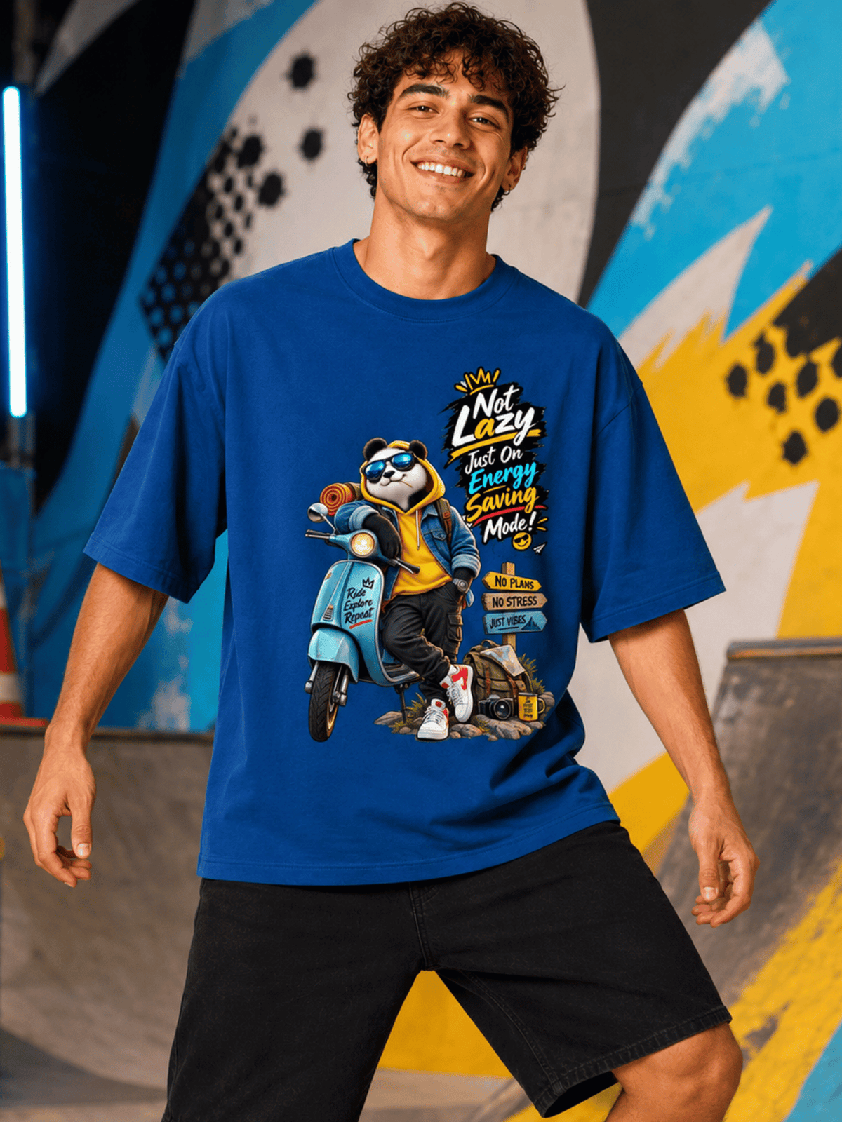 Excello Men's 'Not Lazy' Panda Graphic Oversized T-Shirt | Air Force Blue