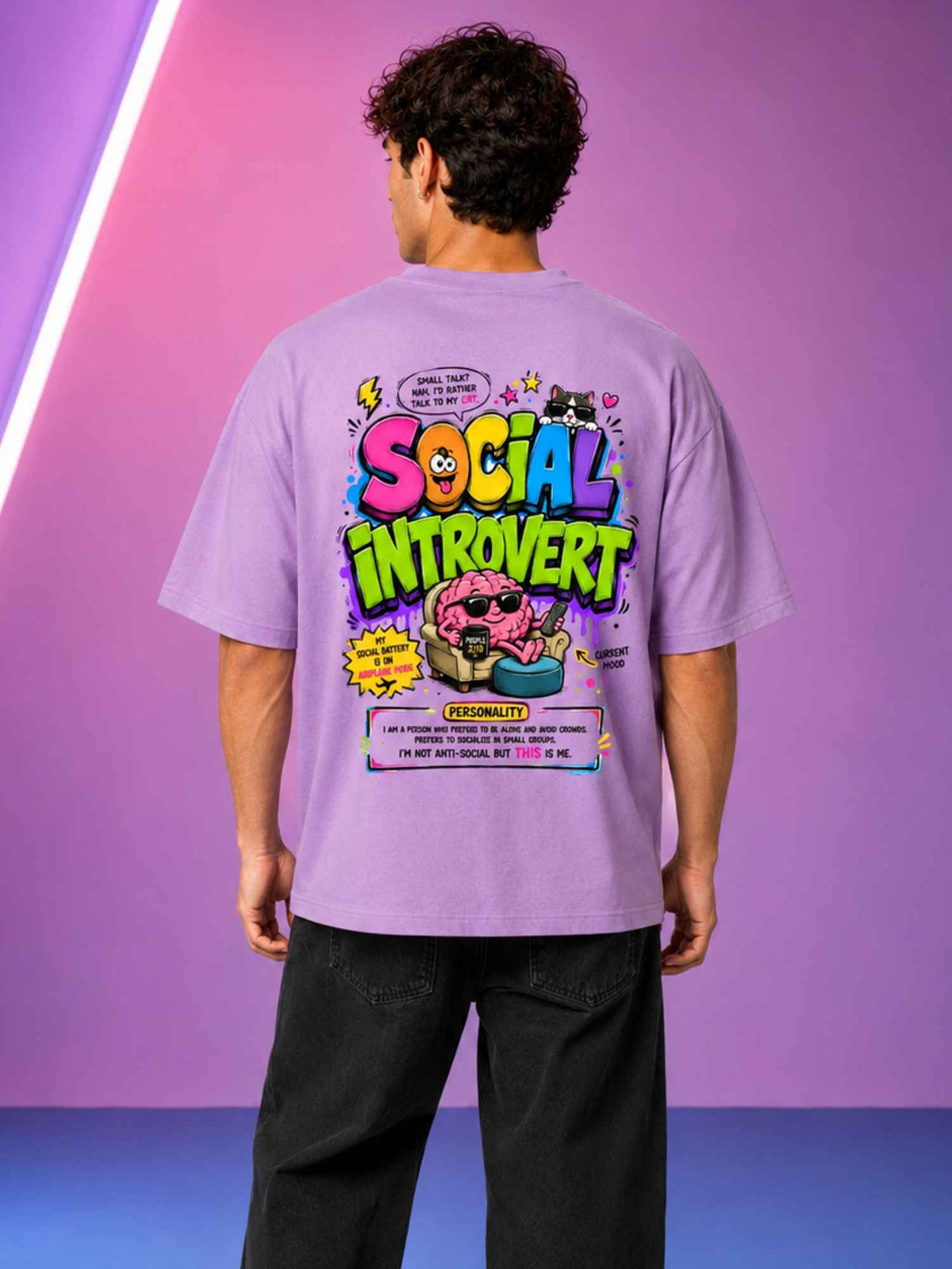 Excello Men's 'Social Introvert' Graphic Oversized T-Shirt | Lavender