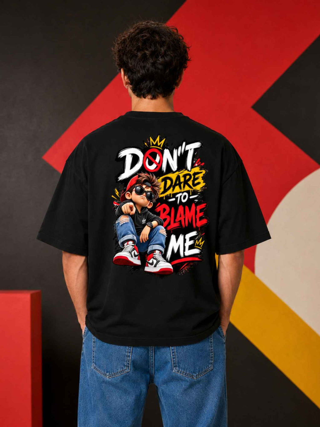 Excello Men's 'Don't Dare To Blame Me' Graphic Oversized T-Shirt | Black