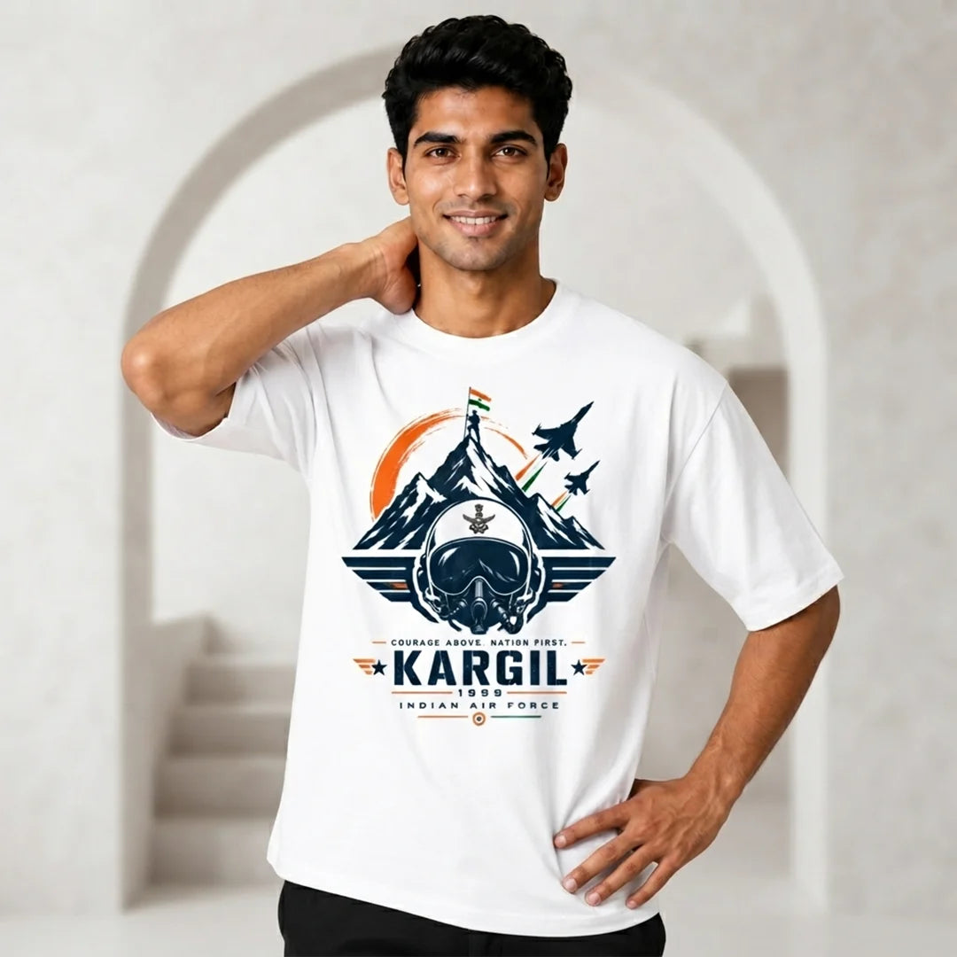 Men's Oversized Graphic T-Shirt - Kargil 1999 Indian Air Force Tribute, 240 GSM Pure Cotton, Bio-Washed