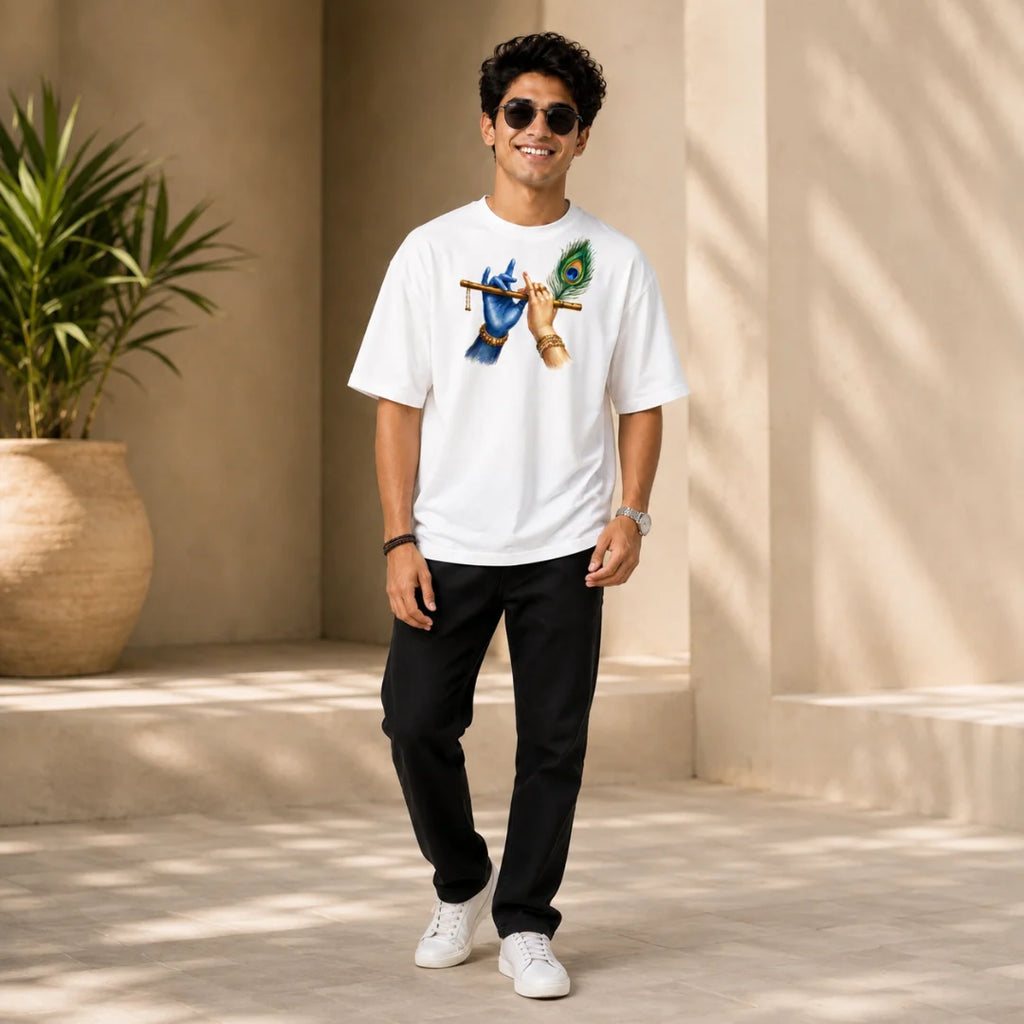 Excello Men's Divine Krishna Flute Graphic Oversized T-Shirt - 240 GSM Pure Cotton, Bio-Washed