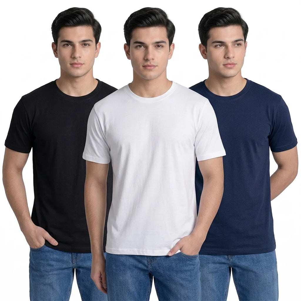 Premium Men’s Round Neck Pure Cotton T-Shirt Combo – 180 GSM Biowashed Regular Fit Half Sleeve Tees (Pack of 3)
