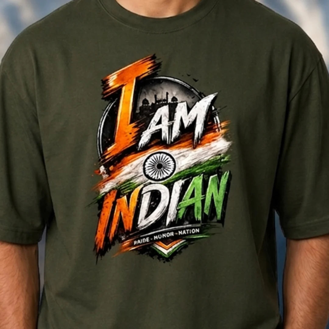 Men's "I Am Indian" Pride Oversized Graphic T-Shirt - 240 GSM Pure Cotton, Bio-Washed