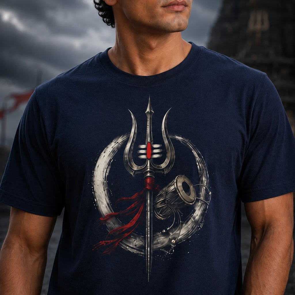 Men's Pure Cotton Regular Fit Mahadev Trishul Damru Graphic T-Shirt | 180 GSM Bio-Washed Spiritual Casual Tee