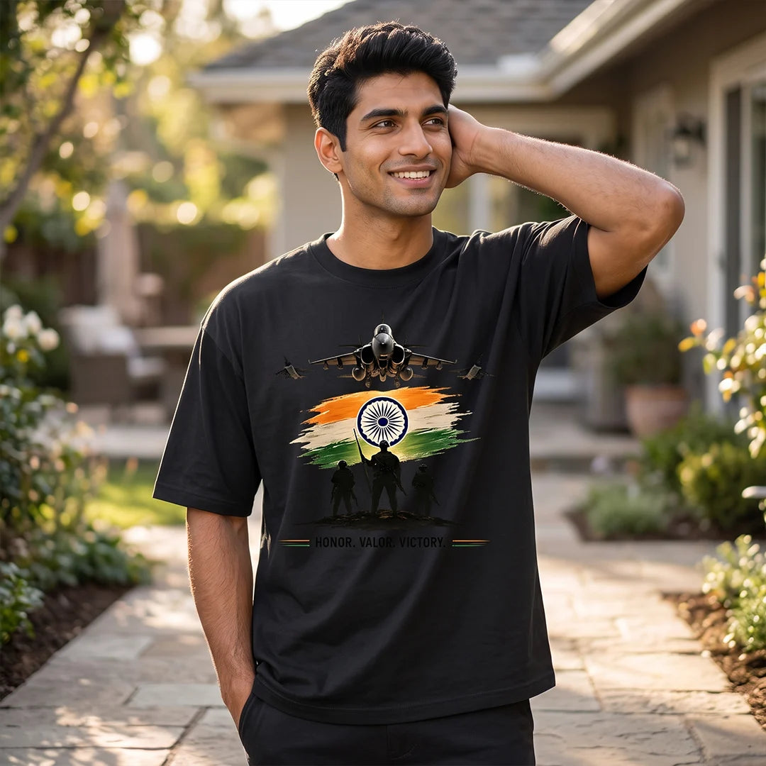 Men's Oversized Graphic T-Shirt - "Guardians of the Skies" IAF Tribute, 240 GSM Pure Cotton