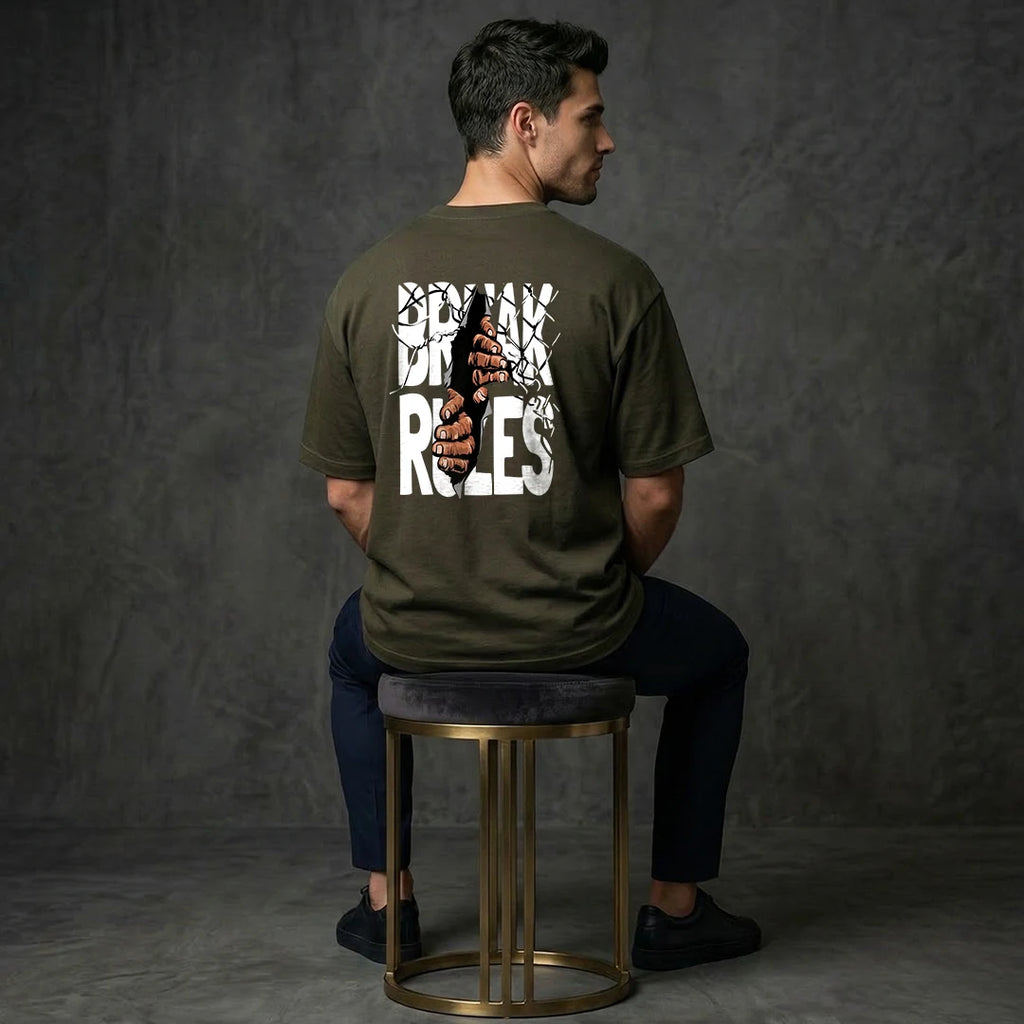 "Break Rules" Urban Rebellion Oversized T-Shirt – Premium 240 GSM Olive Green Graphic Tee