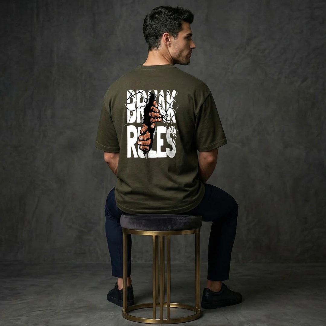 "Break Rules" Urban Rebellion Oversized T-Shirt – Premium 240 GSM Olive Green Graphic Tee