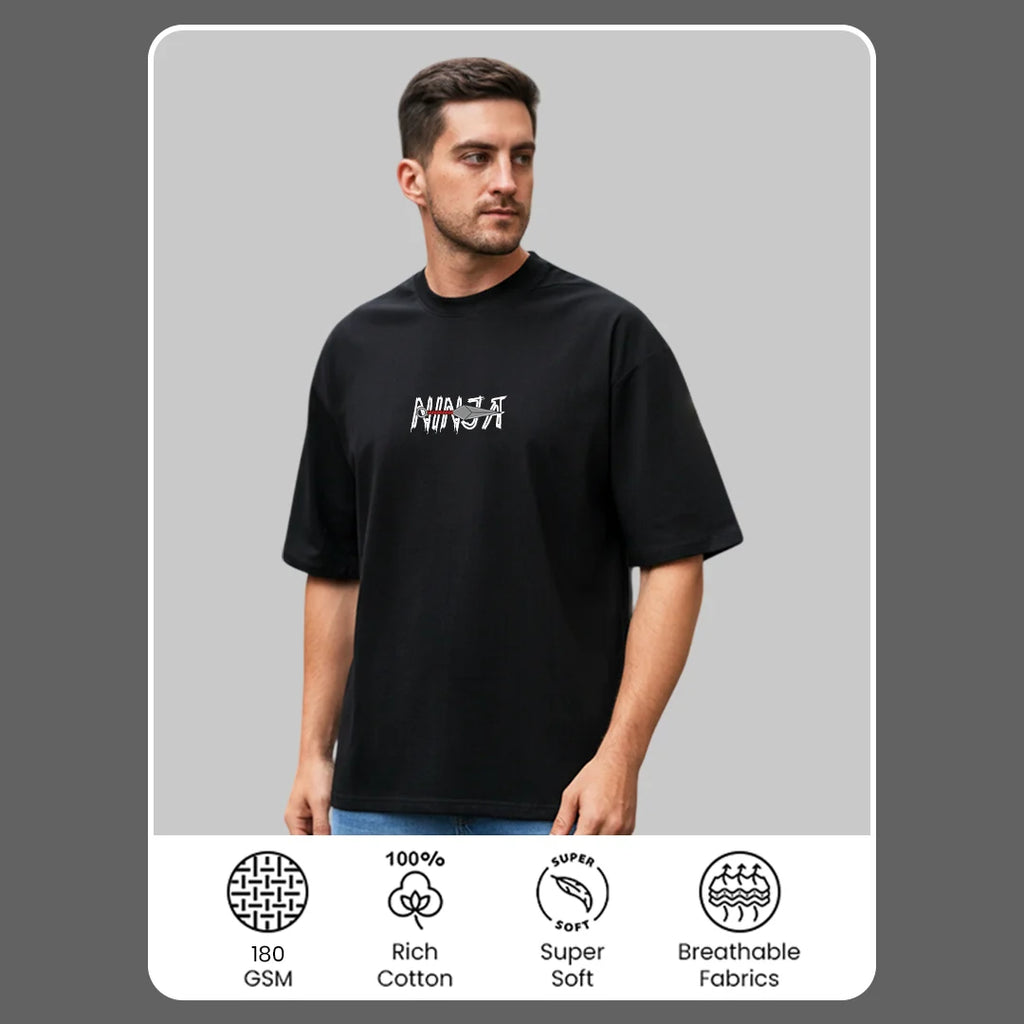 Men's 100% Pure Cotton Oversized T-Shirt – Black Streetwear Tee with Samurai & Kunai Graphic Print