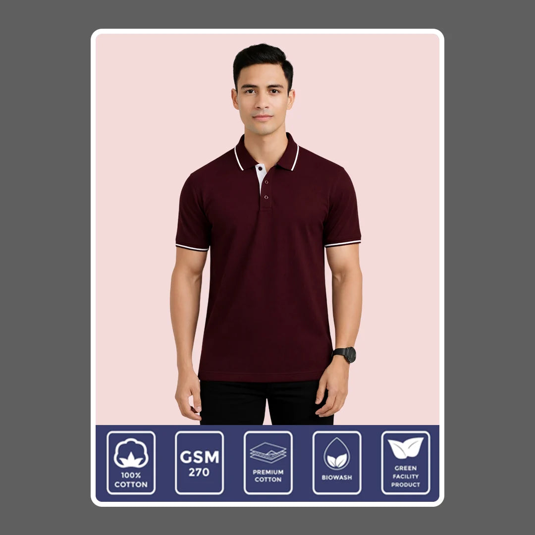 Men’s Premium Polo T-Shirt with Contrast Tipping | 270 GSM | Regular Fit Cotton Pique | Smart Casual & Office Wear