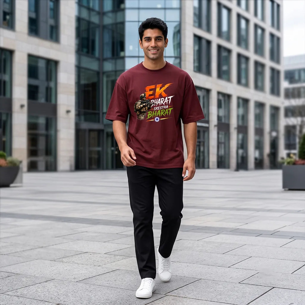 Men's "Ek Bharat Srestha Bharat" Oversized Graphic T-Shirt - 240 GSM Pure Cotton, Bio-Washed