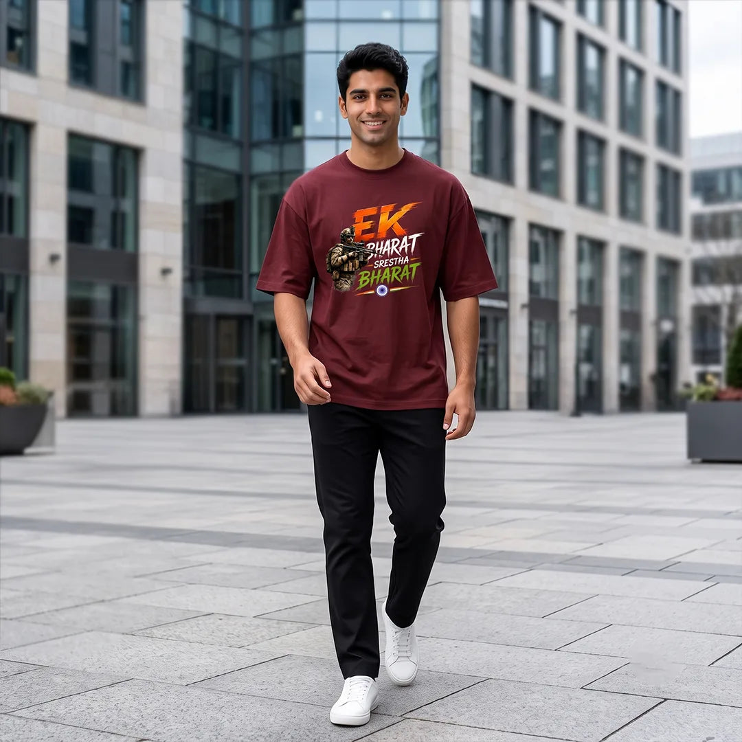 Men's "Ek Bharat Srestha Bharat" Oversized Graphic T-Shirt - 240 GSM Pure Cotton, Bio-Washed