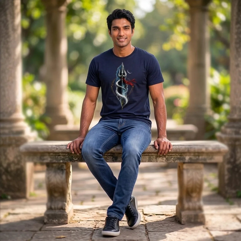 Men's Pure Cotton Regular Fit Mahadev Trishul Crescent Moon Printed T-Shirt | 180 GSM Bio-Washed Spiritual Graphic Tee