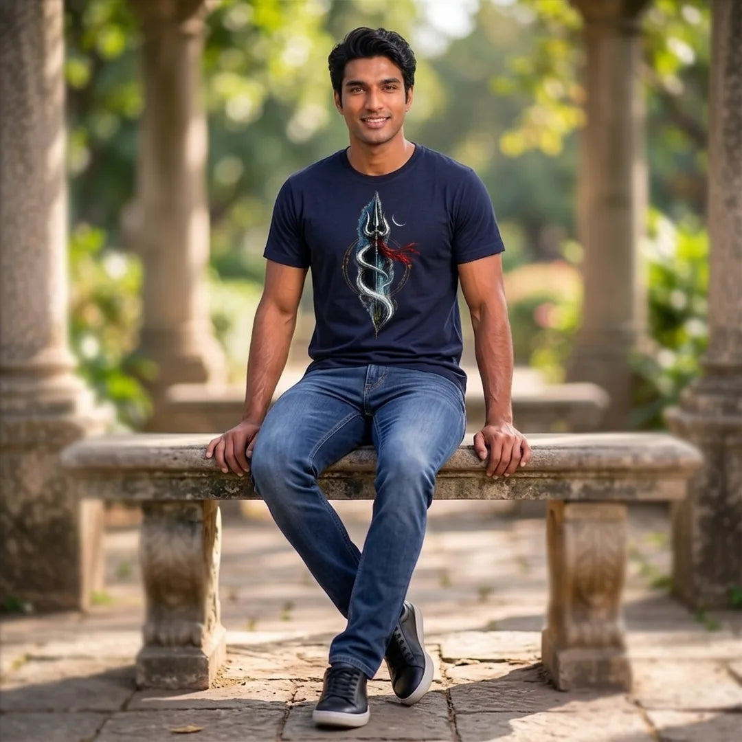 Men's Pure Cotton Regular Fit Mahadev Trishul Crescent Moon Printed T-Shirt | 180 GSM Bio-Washed Spiritual Graphic Tee