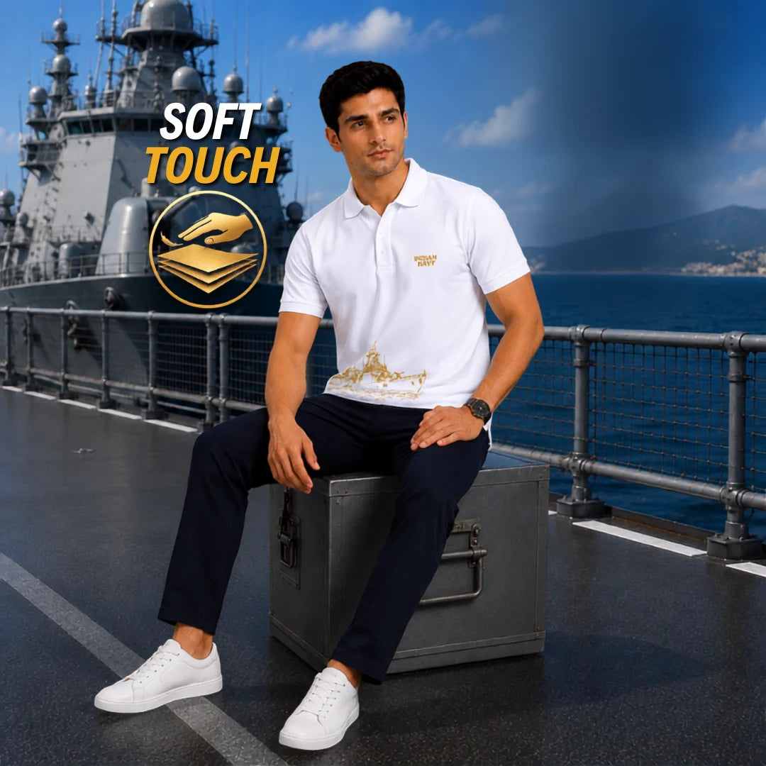 Excello Premium Indian Navy Tribute Polo T-Shirt | 210 GSM Nano Poly Regular Fit