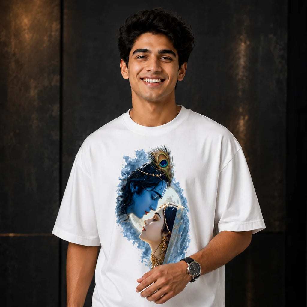 Excello Men's Divine Radha Krishna Graphic Oversized T-Shirt - 240 GSM Pure Cotton, Bio-Washed