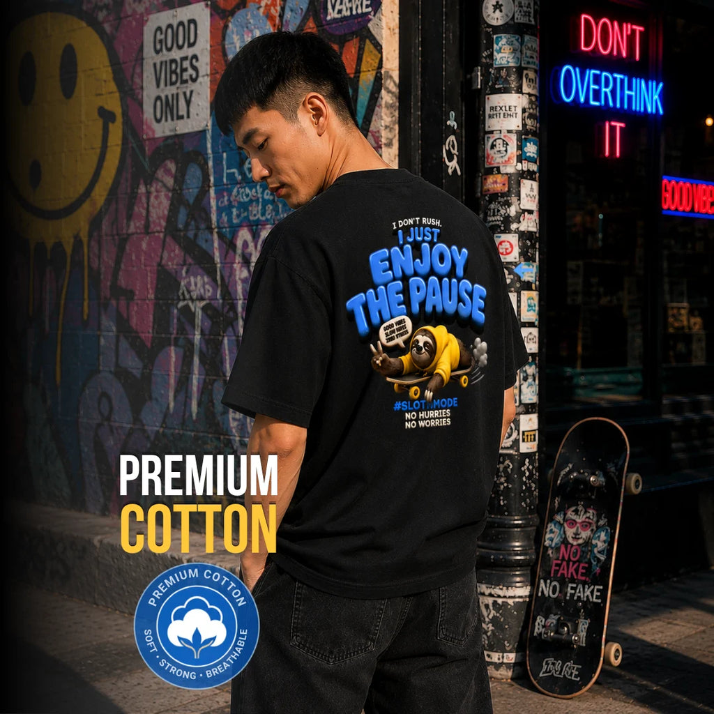 Excello Men's "Enjoy The Pause" Sloth Skateboard Graphic Oversized T-Shirt - 240 GSM Pure Cotton, Bio-Washed