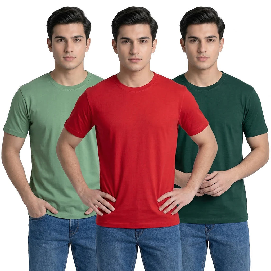 Premium Men’s Round Neck Pure Cotton T-Shirt Combo – 180 GSM Biowashed Regular Fit Half Sleeve Tees (Pack of 3)