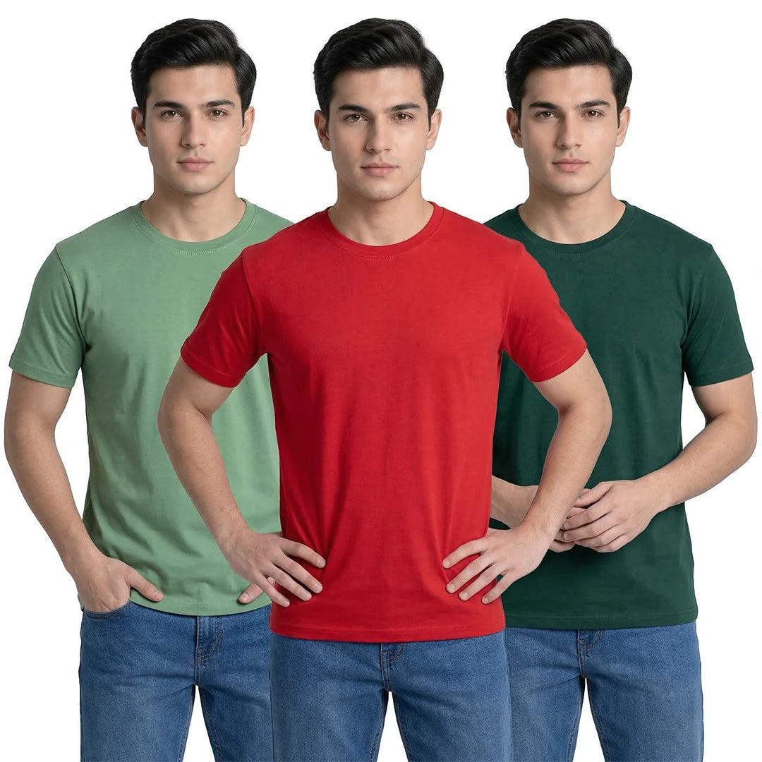 Premium Men’s Round Neck Pure Cotton T-Shirt Combo – 180 GSM Biowashed Regular Fit Half Sleeve Tees (Pack of 3)