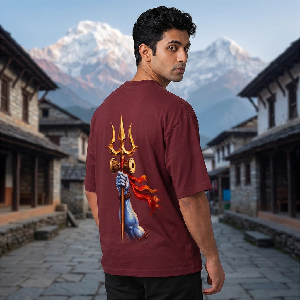 Men's Pure Cotton Oversized Printed T-Shirt | Lord Shiva Mahadev Trishul Graphic Print Drop Shoulder Loose Fit Crew Neck Tee