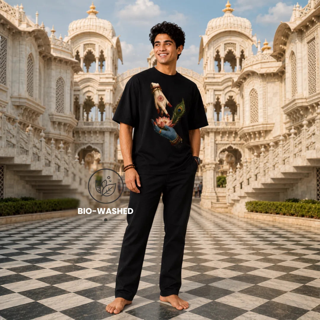 Excello Men's Divine Radha Krishna Lotus Graphic Oversized T-Shirt - 240 GSM Pure Cotton, Bio-Washed