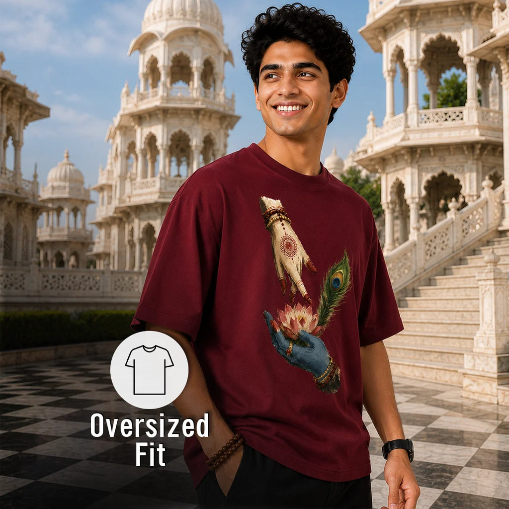 Excello Men's Divine Radha Krishna Lotus Graphic Oversized T-Shirt - 240 GSM Pure Cotton, Bio-Washed