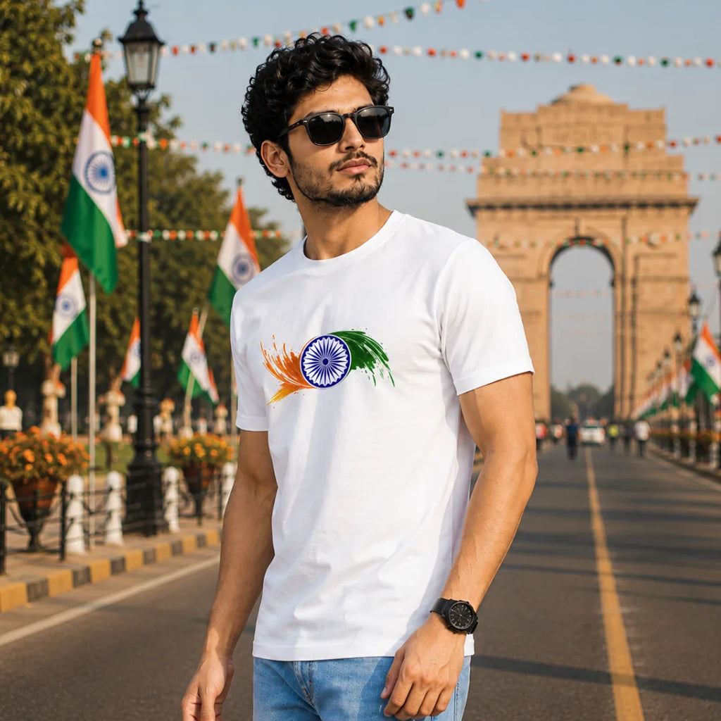 Premium Patriotic Ashoka Chakra T-Shirt | 180 GSM Pure Cotton, Bio-Washed Regular Fit