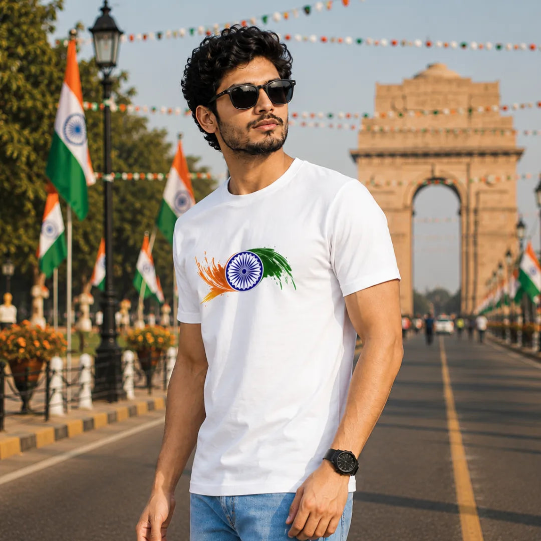 Premium Patriotic Ashoka Chakra T-Shirt | 180 GSM Pure Cotton, Bio-Washed Regular Fit