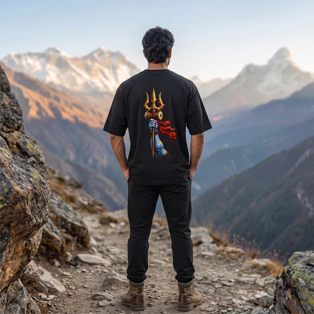 Men's Pure Cotton Oversized Printed T-Shirt | Lord Shiva Mahadev Trishul Graphic Print Drop Shoulder Loose Fit Crew Neck Tee