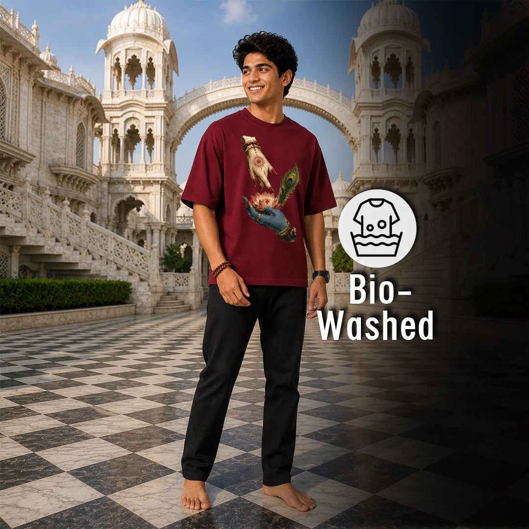 Excello Men's Divine Radha Krishna Lotus Graphic Oversized T-Shirt - 240 GSM Pure Cotton, Bio-Washed