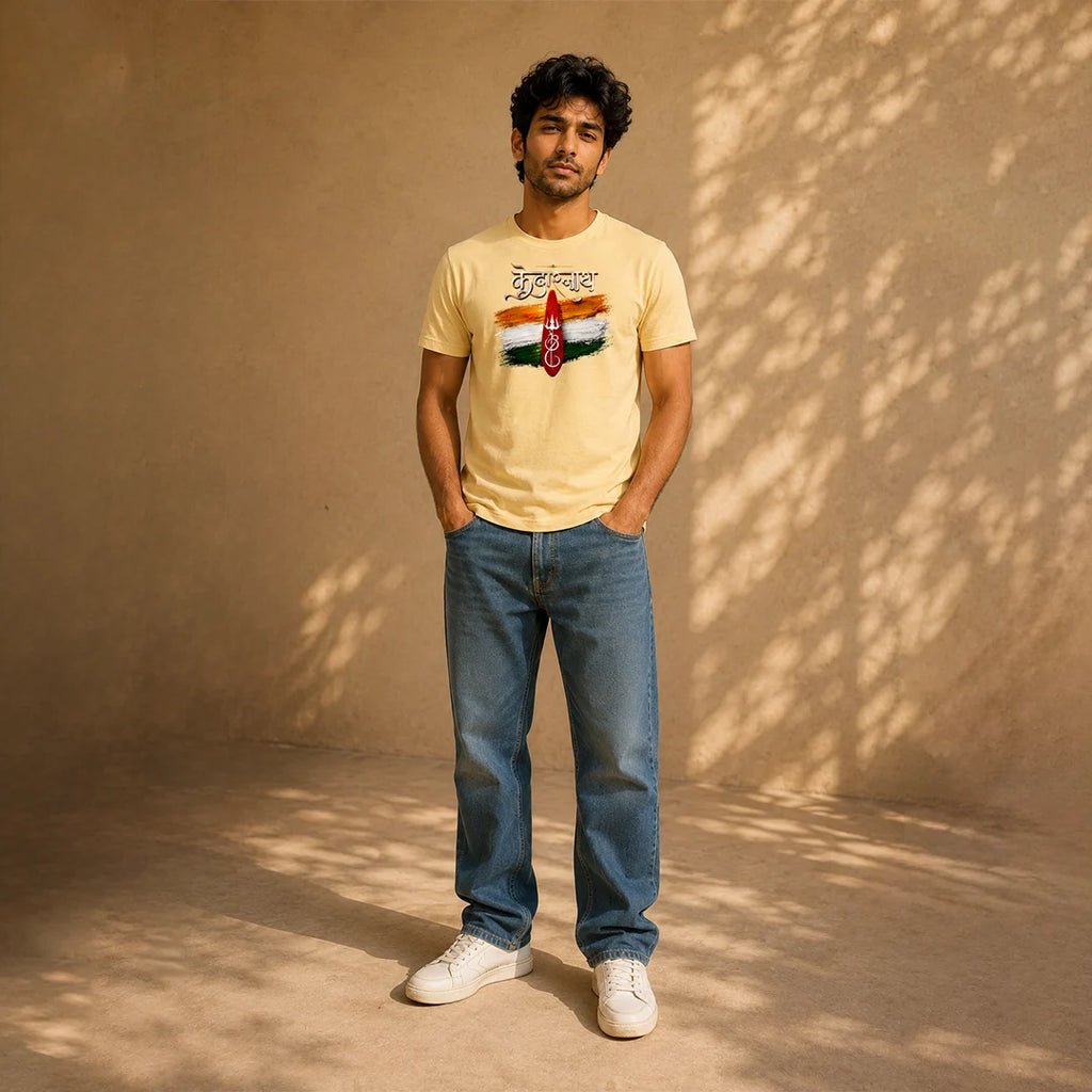 Men's Pure Cotton Regular Fit Kedarnath Tricolor Printed T-Shirt | 180 GSM Bio-Washed Spiritual Graphic Tee