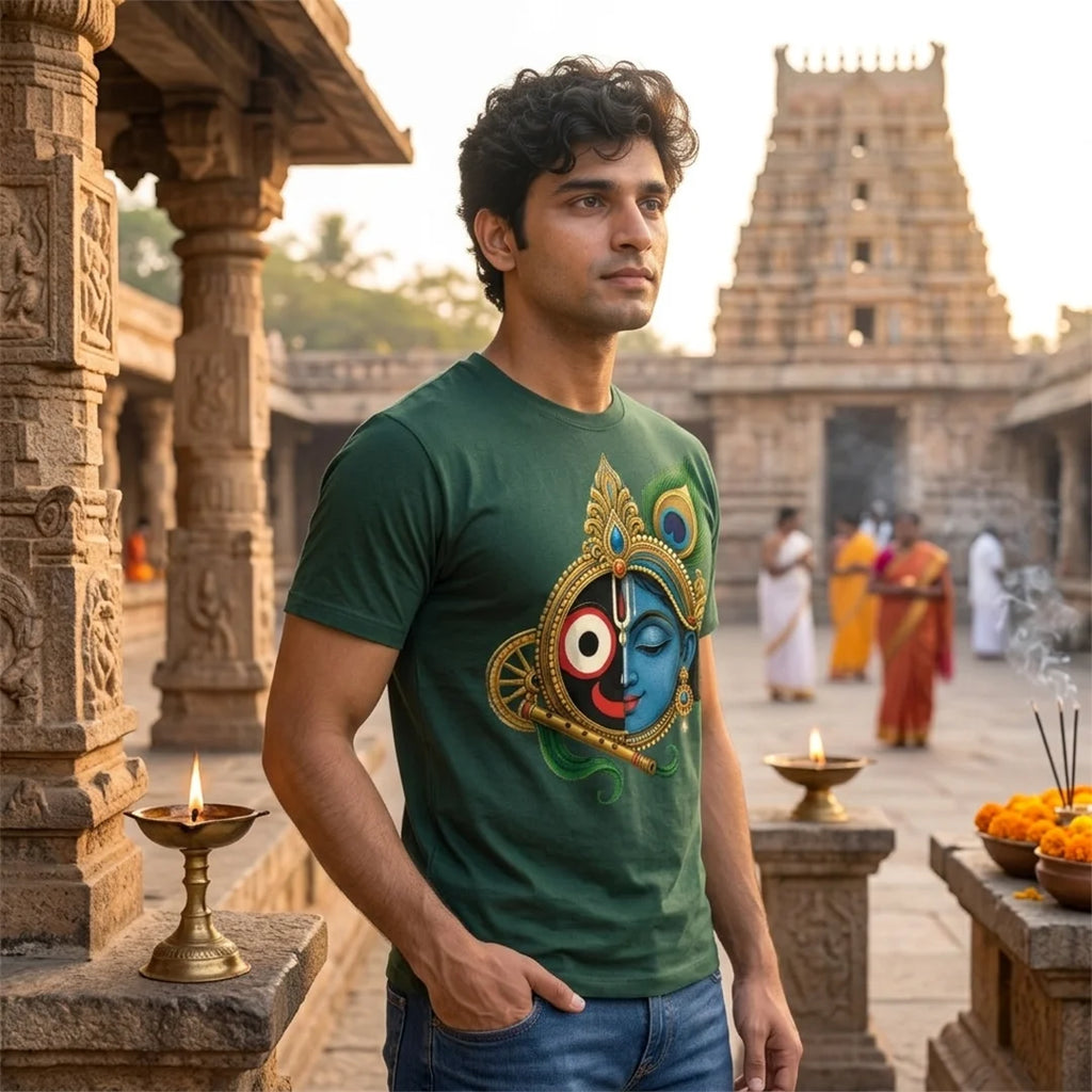 Men's Pure Cotton Lord Jagannath & Sri Krishna Fusion Graphic Printed T-Shirt