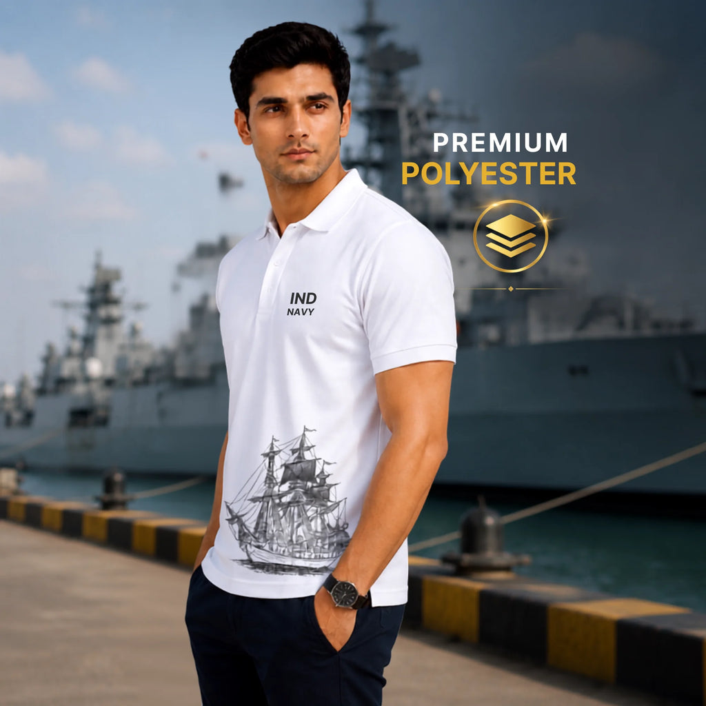 Excello Premium Indian Navy Tribute Polo T-Shirt | 210 GSM Nano Poly, Regular Fit