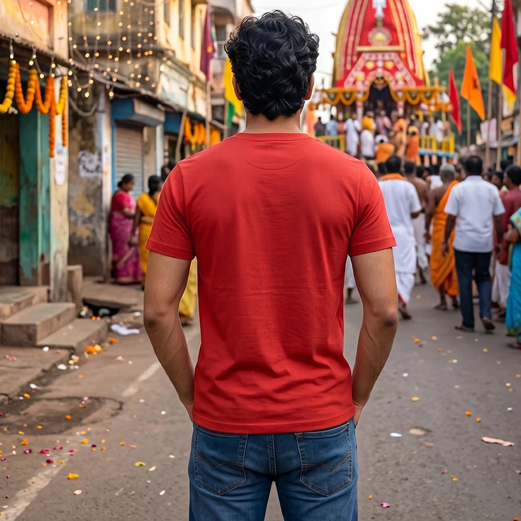 Premium Men's Pure Cotton Lord Jagannath Face & Rath Yatra Chariot Graphic T-Shirt