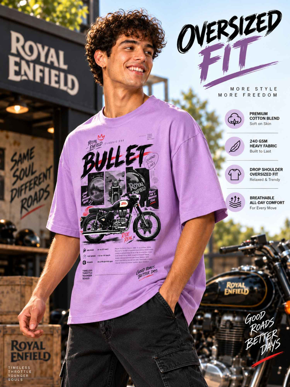 Excello Men's Royal Enfield Bullet 350 Graphic Oversized T-Shirt | Lavender