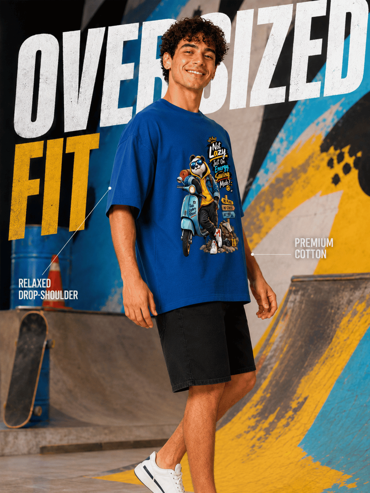 Excello Men's 'Not Lazy' Panda Graphic Oversized T-Shirt | Air Force Blue