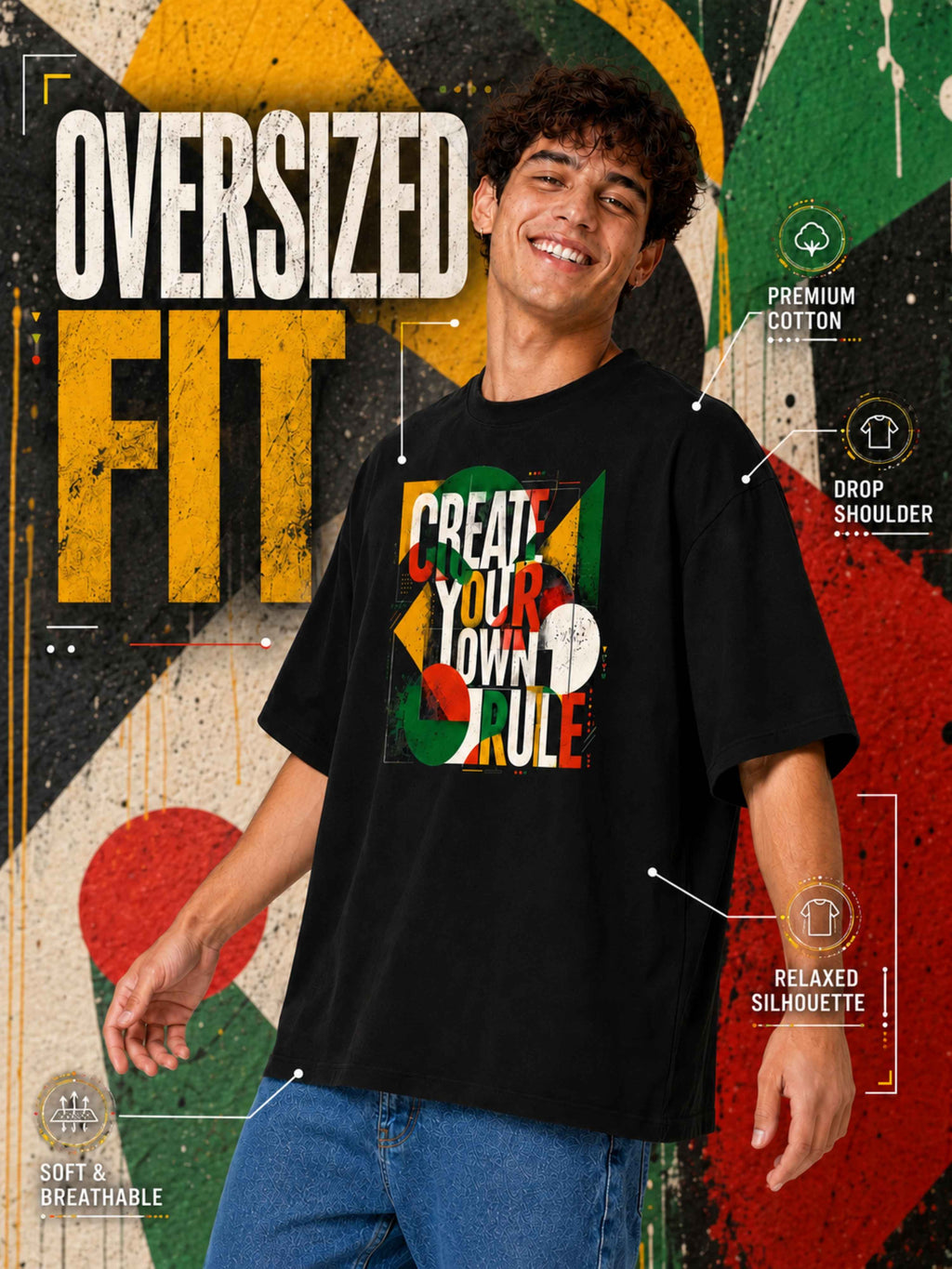 Excello Men's 'Create Your Own Rule' Abstract Graphic Oversized T-Shirt | Black