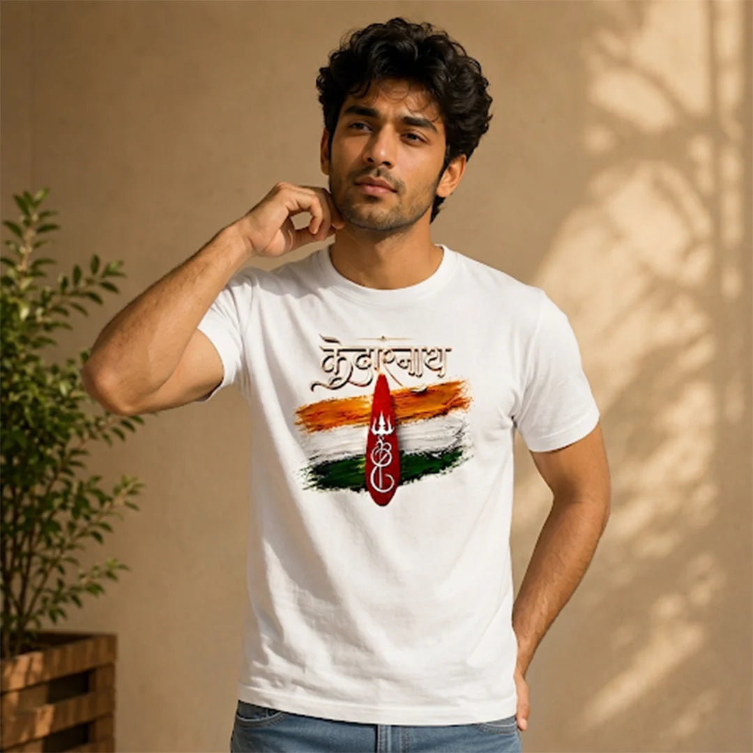 Men's Pure Cotton Regular Fit Kedarnath Tricolor Printed T-Shirt | 180 GSM Bio-Washed Spiritual Graphic Tee