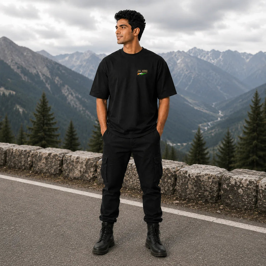 Men's Oversized Graphic T-Shirt - "Jai Hind" Military Tribute, 240 GSM Pure Cotton, Bio-Washed