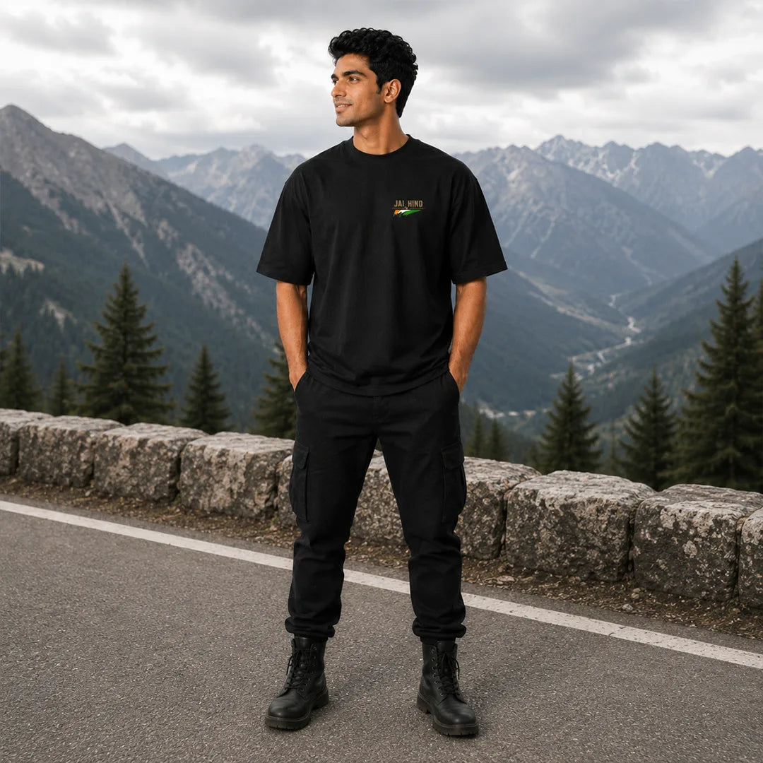 Men's Oversized Graphic T-Shirt - "Jai Hind" Military Tribute, 240 GSM Pure Cotton, Bio-Washed