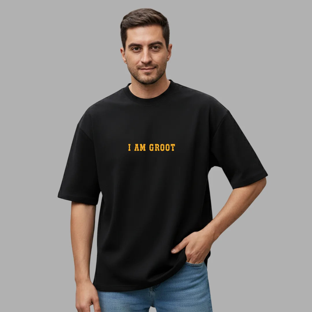 Men's Premium "I Am Groot" Oversized T-Shirt – 100% Rich Cotton, Heavyweight 180 GSM, Black Streetwear Tee