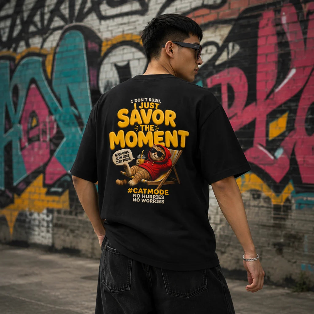 Excello Men's "Savor The Moment" Cat Graphic Oversized T-Shirt - 240 GSM Pure Cotton, Bio-Washed
